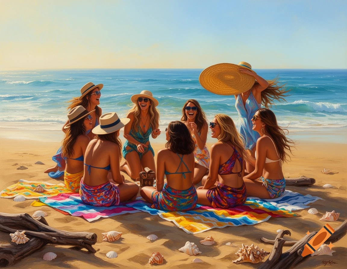 Vibrant painting of a group of women laughing and sitting on a colorful blanket on a sunny beach by the ocean.