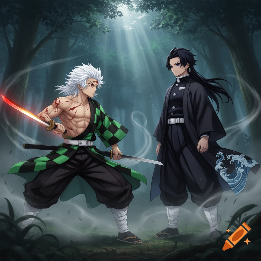 Anime art of two male characters, one shirtless with white hair and swords, the other in a dark uniform, standing in a misty forest.