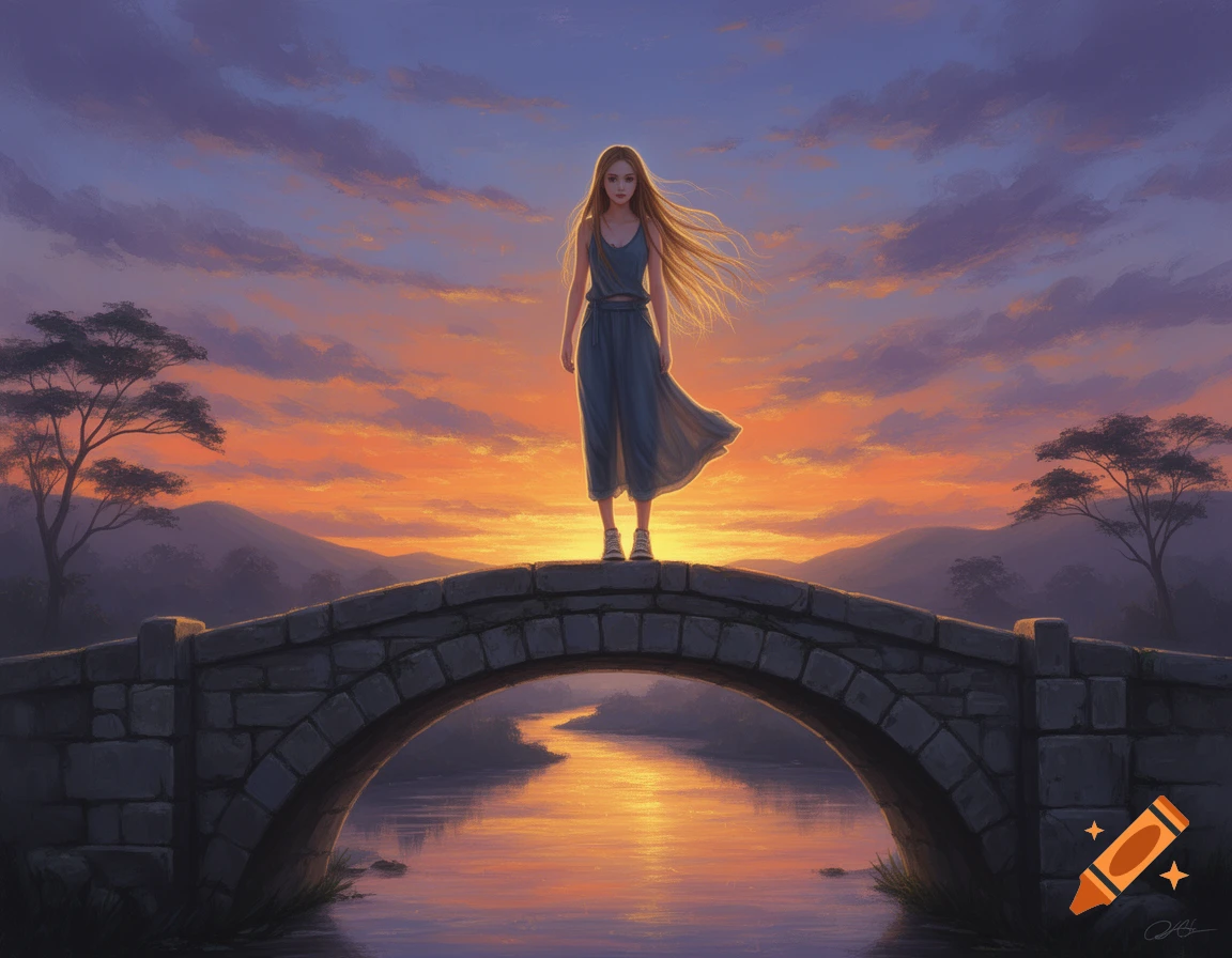 A young woman in a flowing dress stands atop a stone bridge over a ...