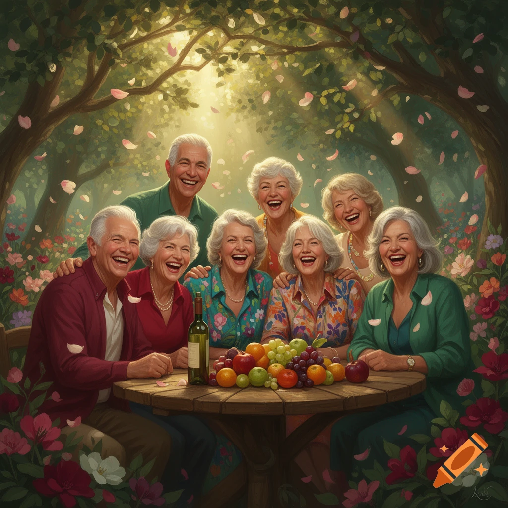 Eight laughing elderly people gather around a table with fruit and wine in a sunlit garden with falling petals, in a painterly style.