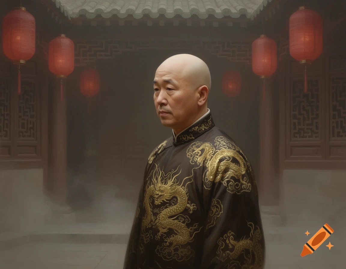 A bald East Asian man in a black and gold dragon-embroidered robe stands in a misty traditional Chinese courtyard with red lanterns.