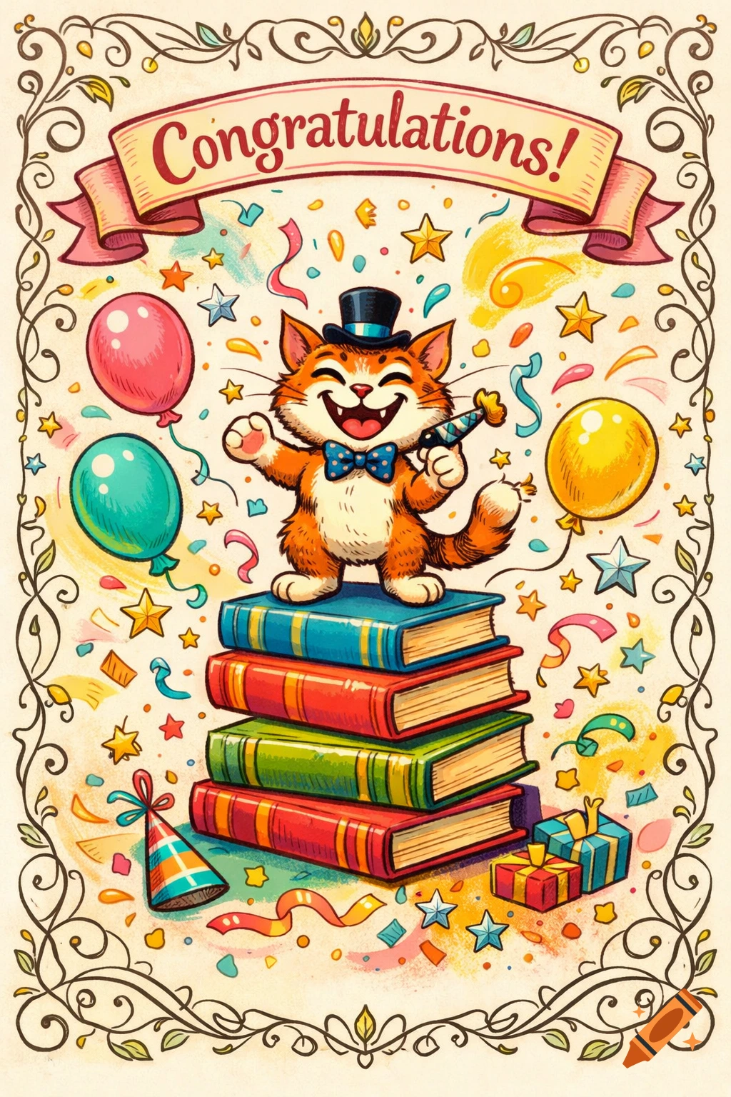 A cartoon congratulation card features an orange cat in a top hat and ...