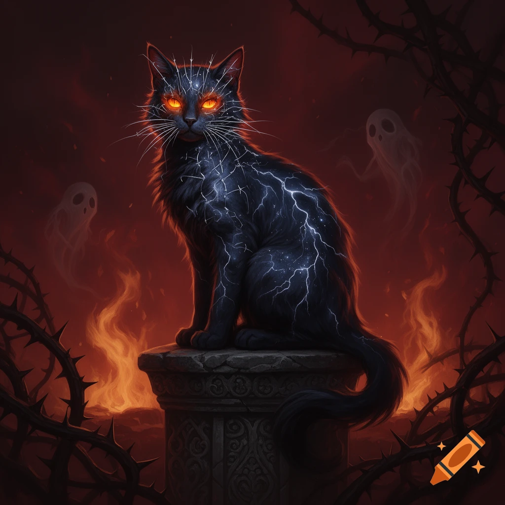 A black cat with glowing orange eyes and lightning patterns on its fur ...