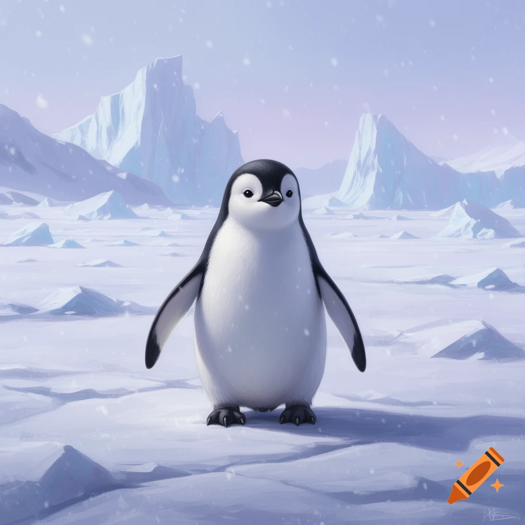 A cute, fluffy cartoon penguin stands in a snowy arctic landscape with icebergs under falling snow.