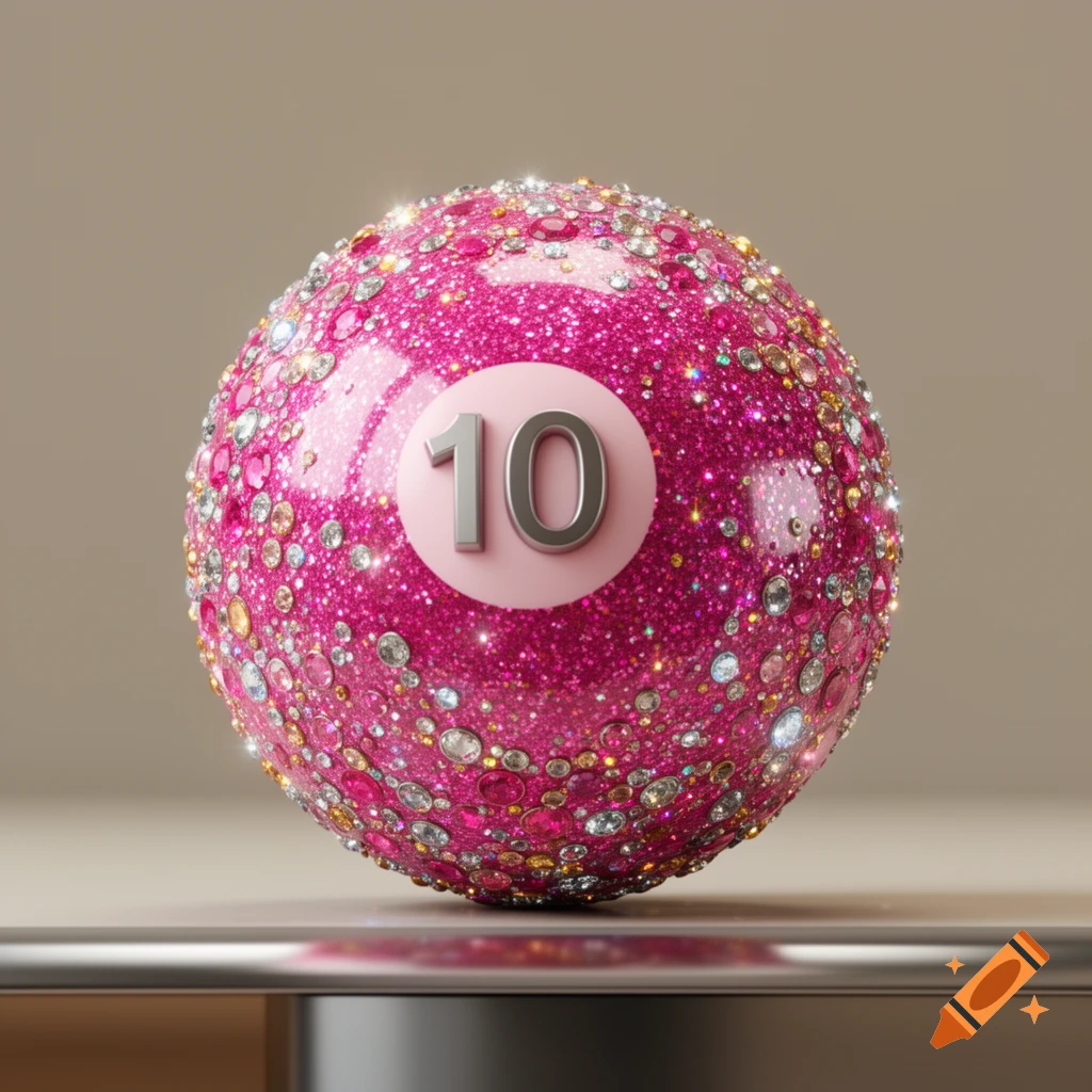 A sparkling pink billiard ball with the number 10 in a light pink circle, covered in glitter and gemstones, against a beige background, photorealistic.