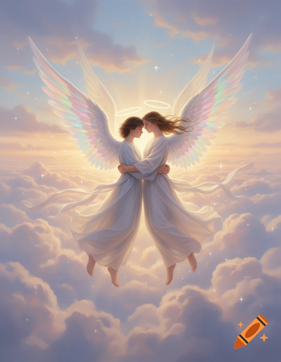 Two angels with large, iridescent wings embrace among soft clouds in a glowing sky at sunset, with halos above their heads.