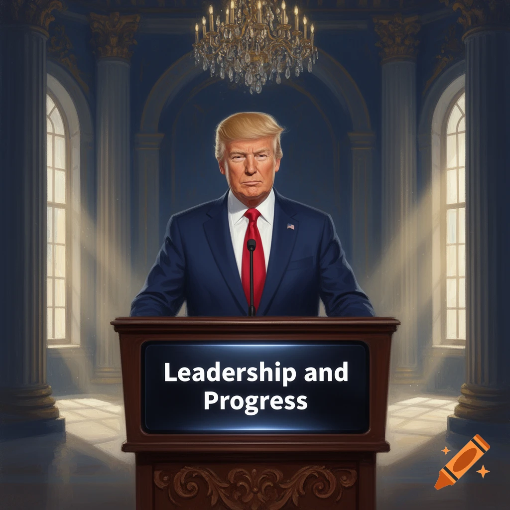 An illustrated portrait of Donald Trump at a podium with "Leadership and Progress" displayed, in a grand, pillared hall.