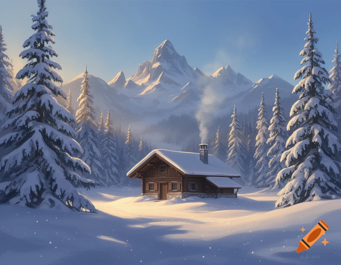 Snowy mountain landscape with a cozy wooden cabin and pine trees, sunlight hitting the peaks, digital painting.