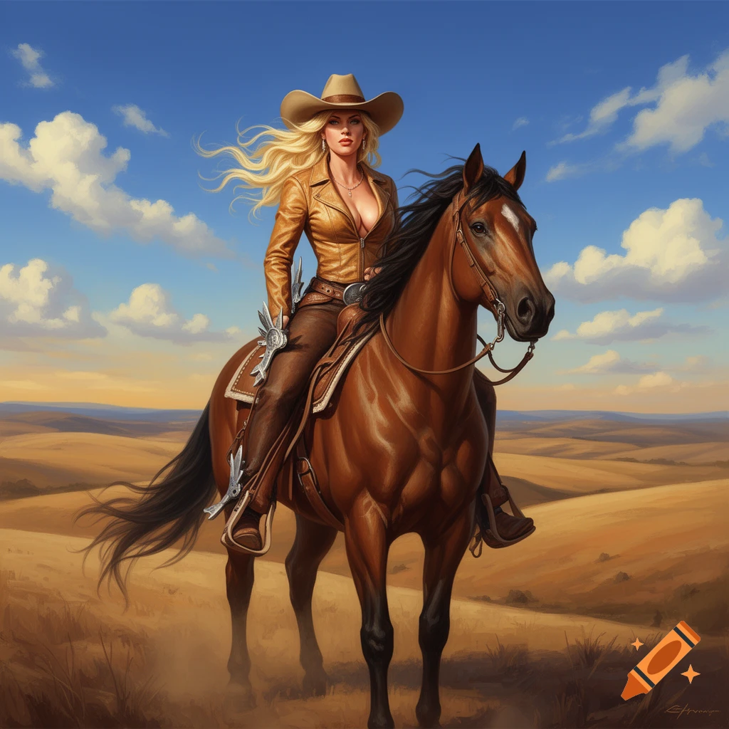 A blonde cowgirl in a leather jacket and cowboy hat rides a brown horse through dry, rolling hills under a blue sky.