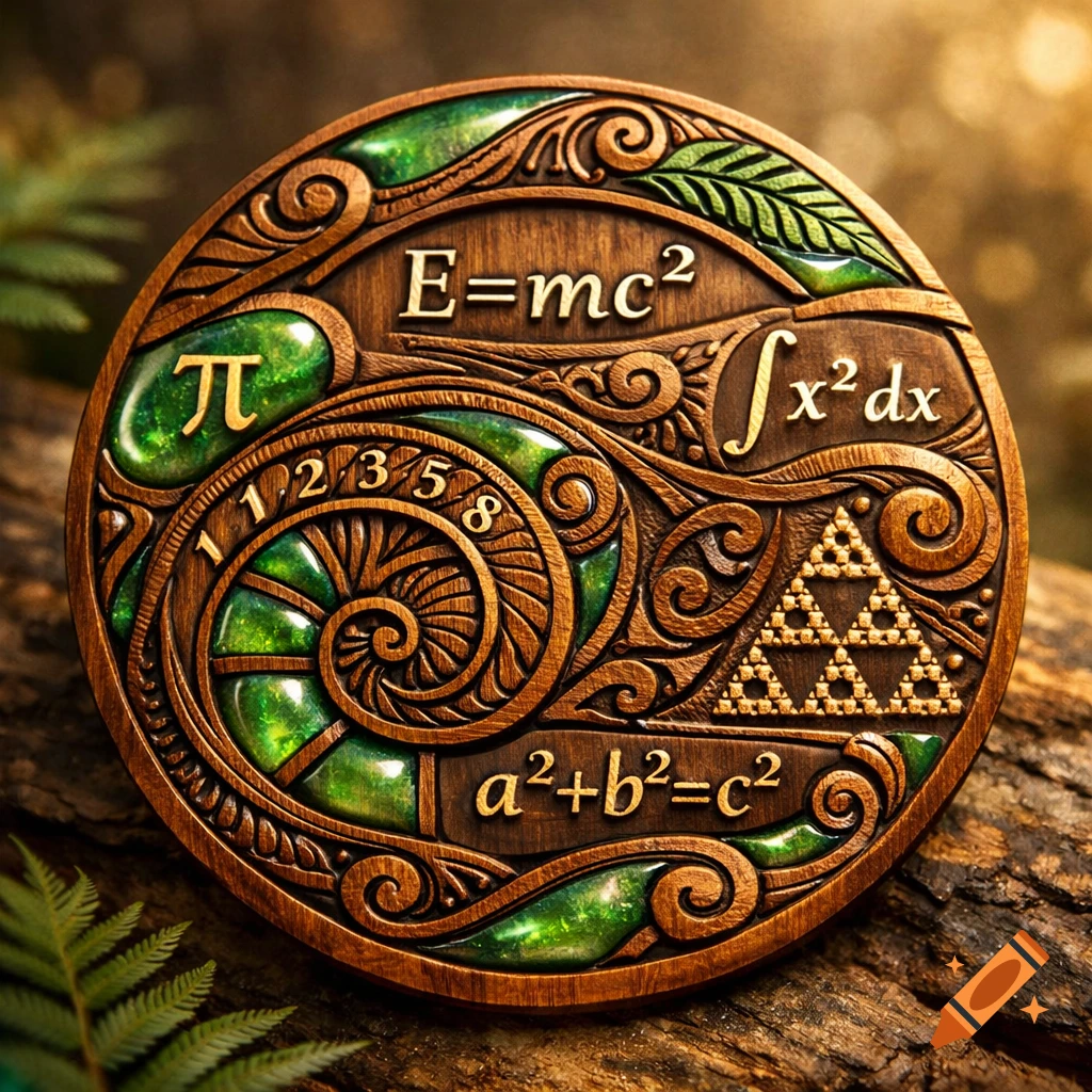 A round wooden badge with intricate carvings, inlaid green resin, and golden mathematical formulas and symbols like E=mc², pi, integral of x squared, and a squared plus b squared equals c squared.