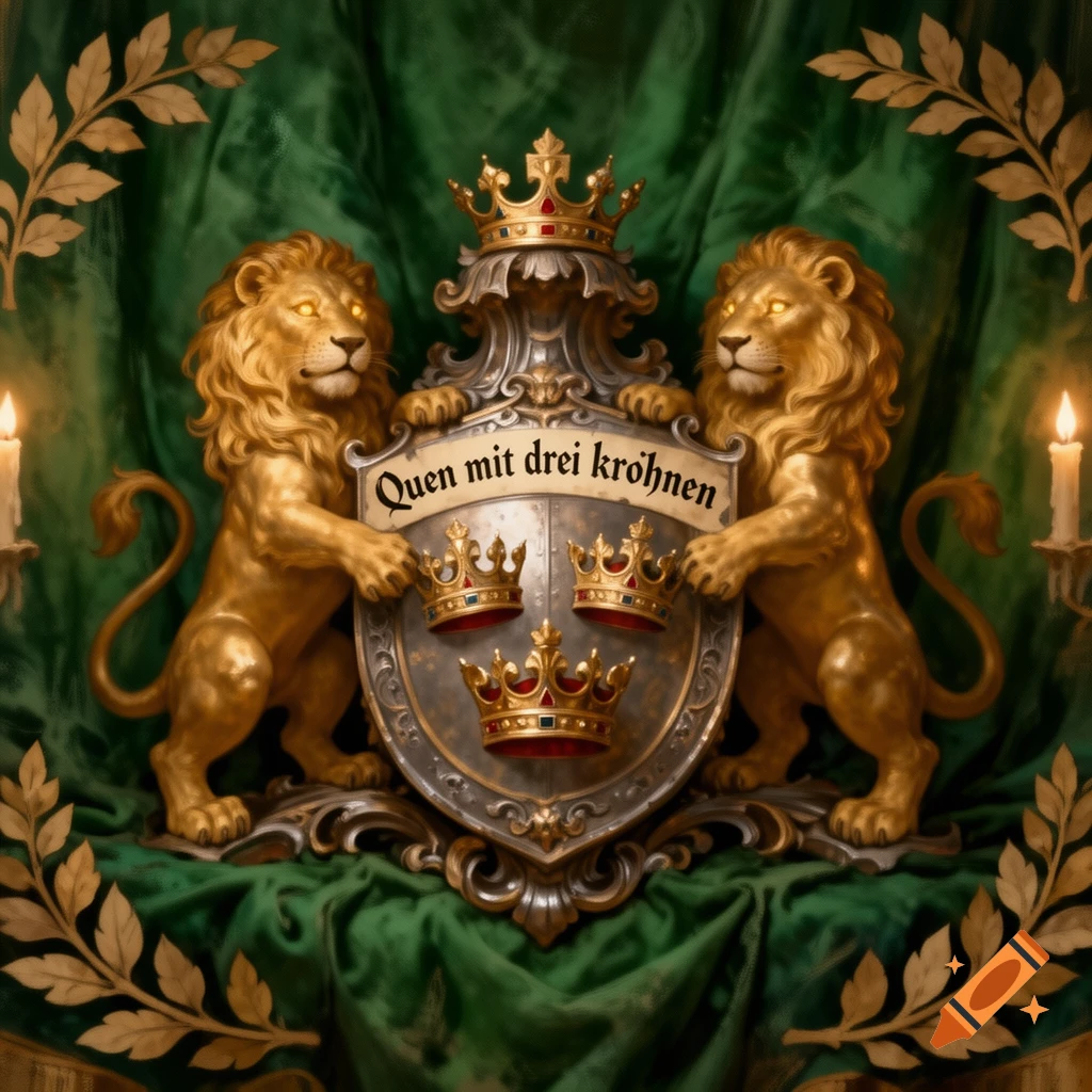 A regal coat of arms featuring two golden lions with glowing eyes holding a shield with three crowns and the text 'Quen mit drei krohnen', against a green velvet background.