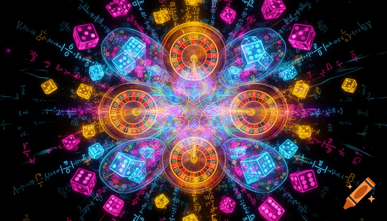 Colorful neon abstract art with multiple roulette wheels, glowing dice, and mathematical equations on a dark background.