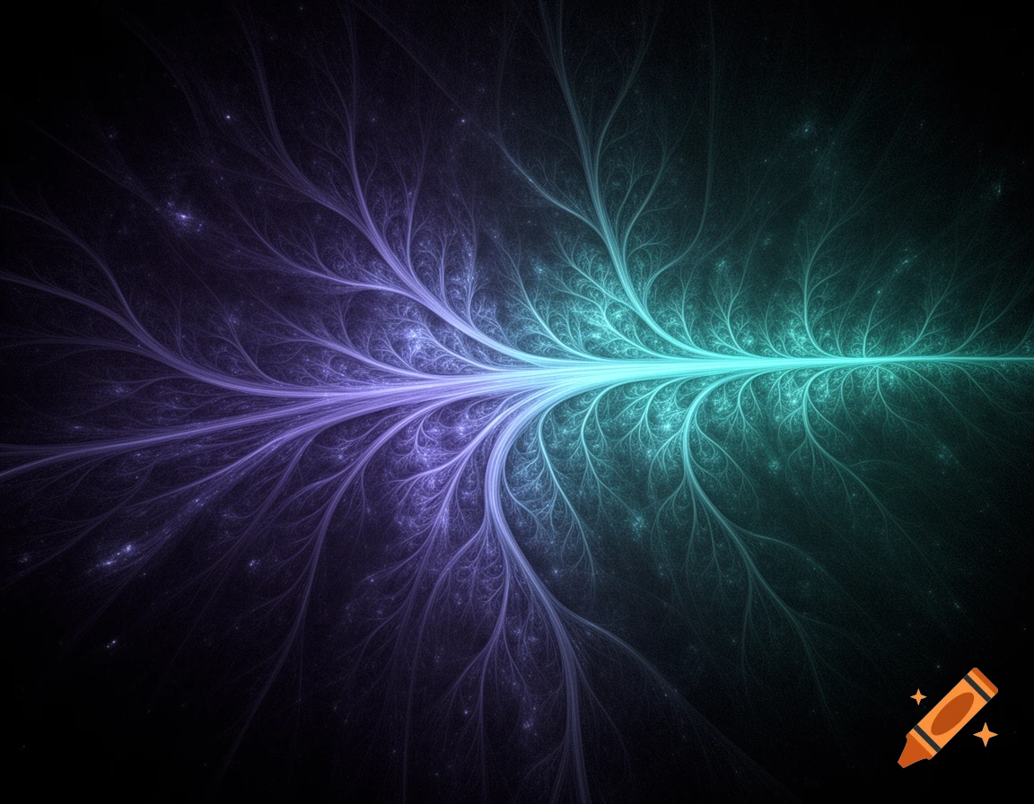Abstract fractal branching pattern glowing purple to teal on a dark background.