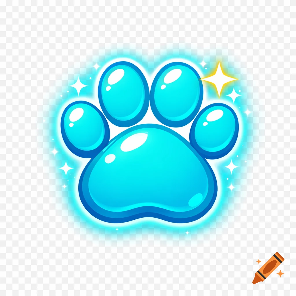 A glowing, shiny, light blue cartoon paw print icon with white sparkles on a transparent background.