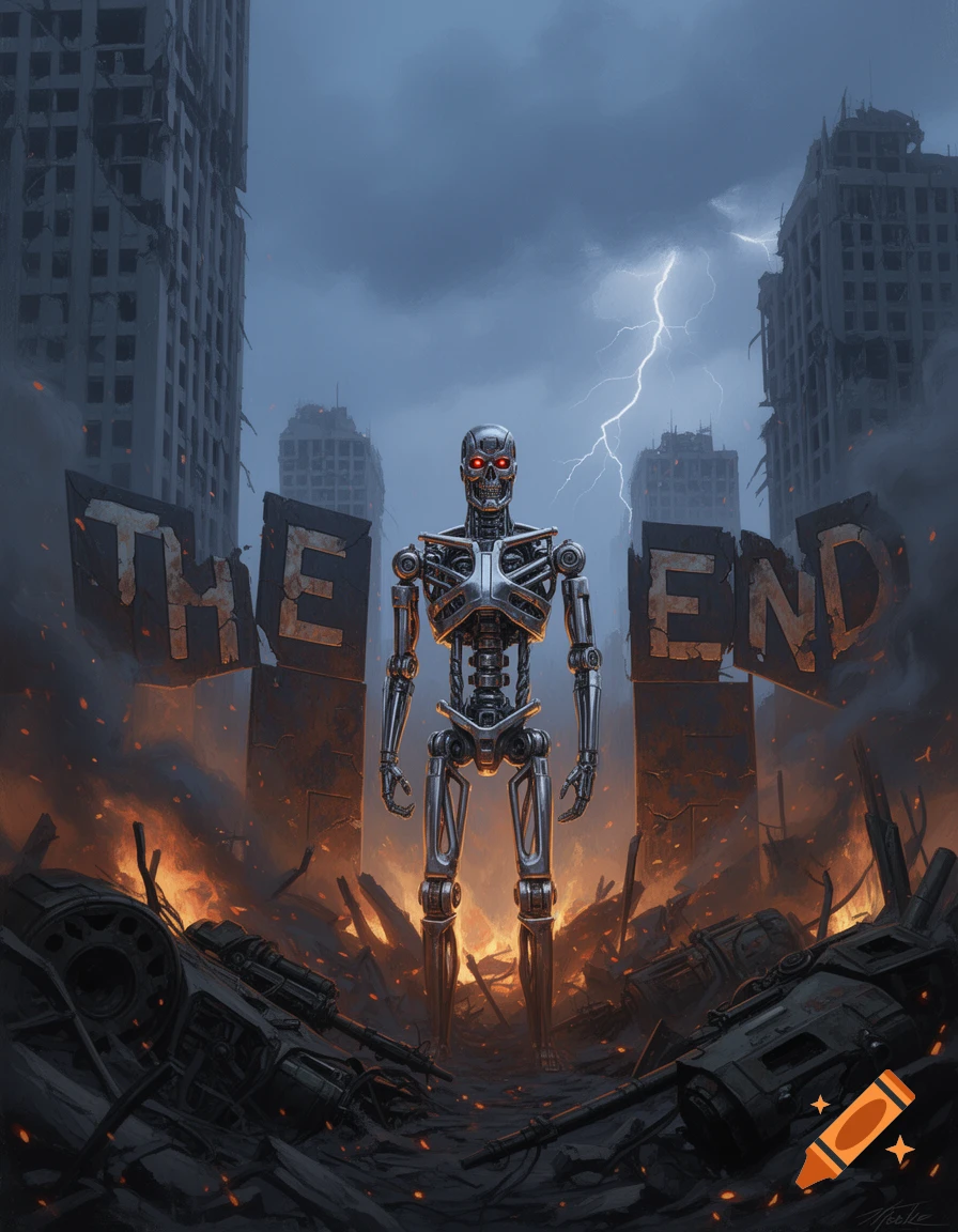 A T-800 robot stands in a burning, ruined city with lightning. Large letters "THE END" are visible in the foreground.