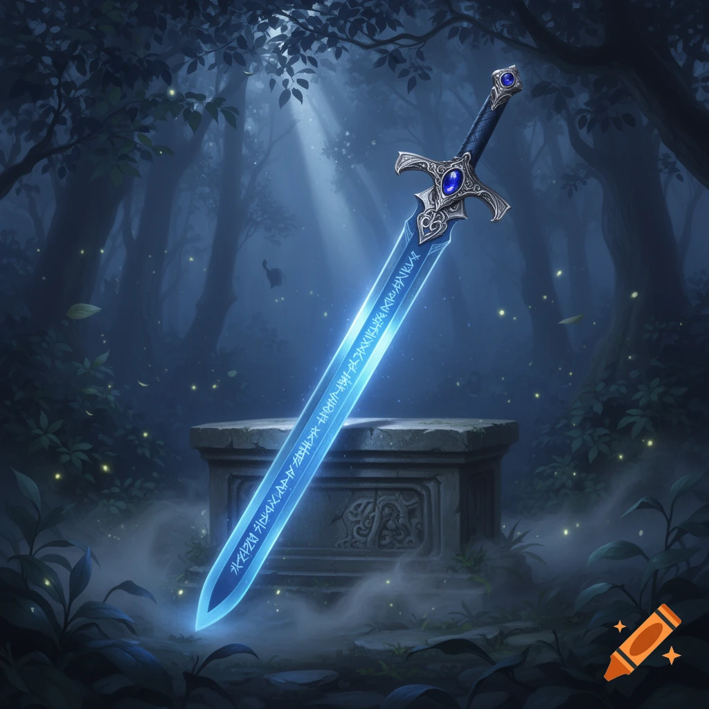 A glowing blue fantasy sword with ornate hilt and runes stands in a misty, dark forest, illuminated by shafts of light.