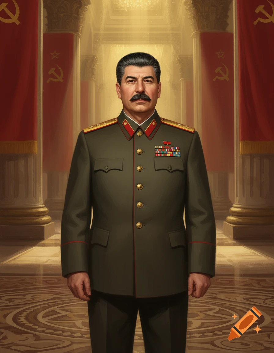 Portrait of Josef Stalin in a military uniform with medals, standing in a grand hall with red Soviet banners featuring the hammer and sickle.