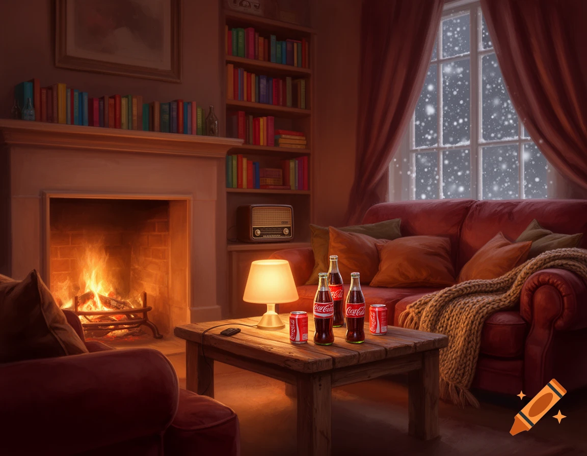 Cozy living room with a lit fireplace, red sofa, bookshelves, and a table with Coca-Cola drinks by a snowy window.