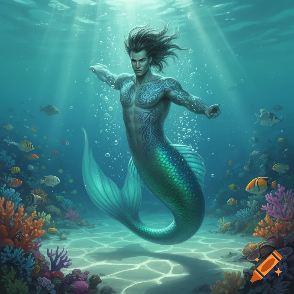 A muscular merman with long dark hair and patterned skin swims underwater amidst colorful coral and fish, with sunrays filtering from above.