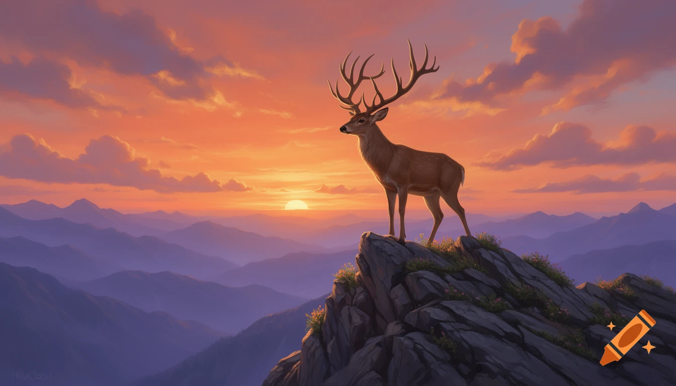A majestic deer stands atop a rocky mountain peak, silhouetted against a vibrant orange and purple sunset over layered mountains. Digital art.