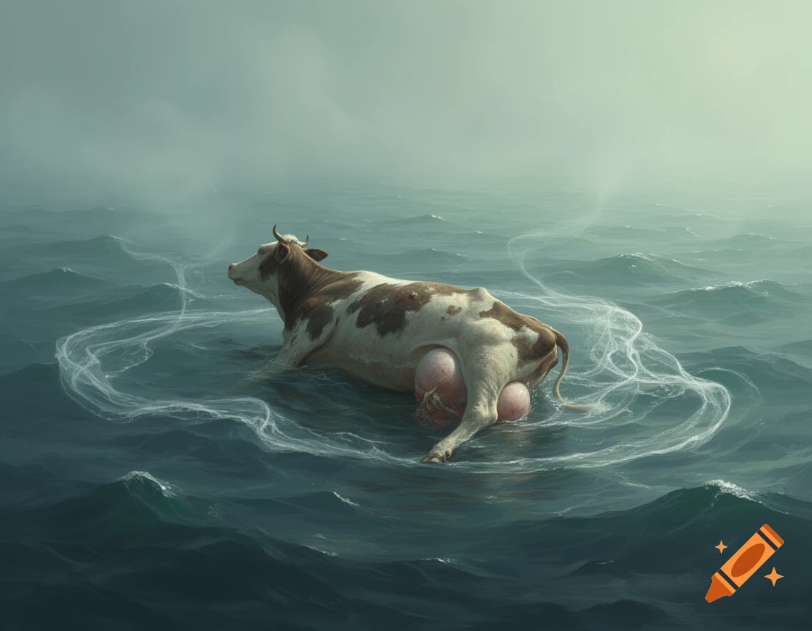 A dead brown and white cow with swollen udders floats on a misty, choppy sea in a photorealistic style.