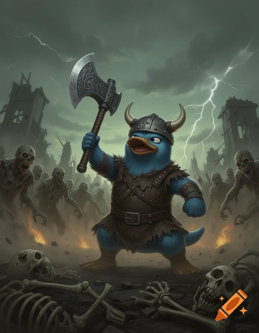 A blue duck-like Viking hero with a battle axe stands defiantly against an army of zombies and skeletons in a ruined, stormy landscape.