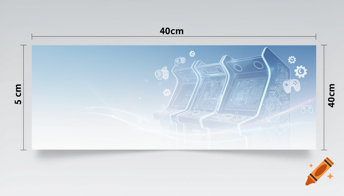 A light blue and white gradient banner displaying outline illustrations of three arcade machines, with various gaming and gear icons floating around them. Dimension lines indicate the banner is 40cm wide and 5cm high.