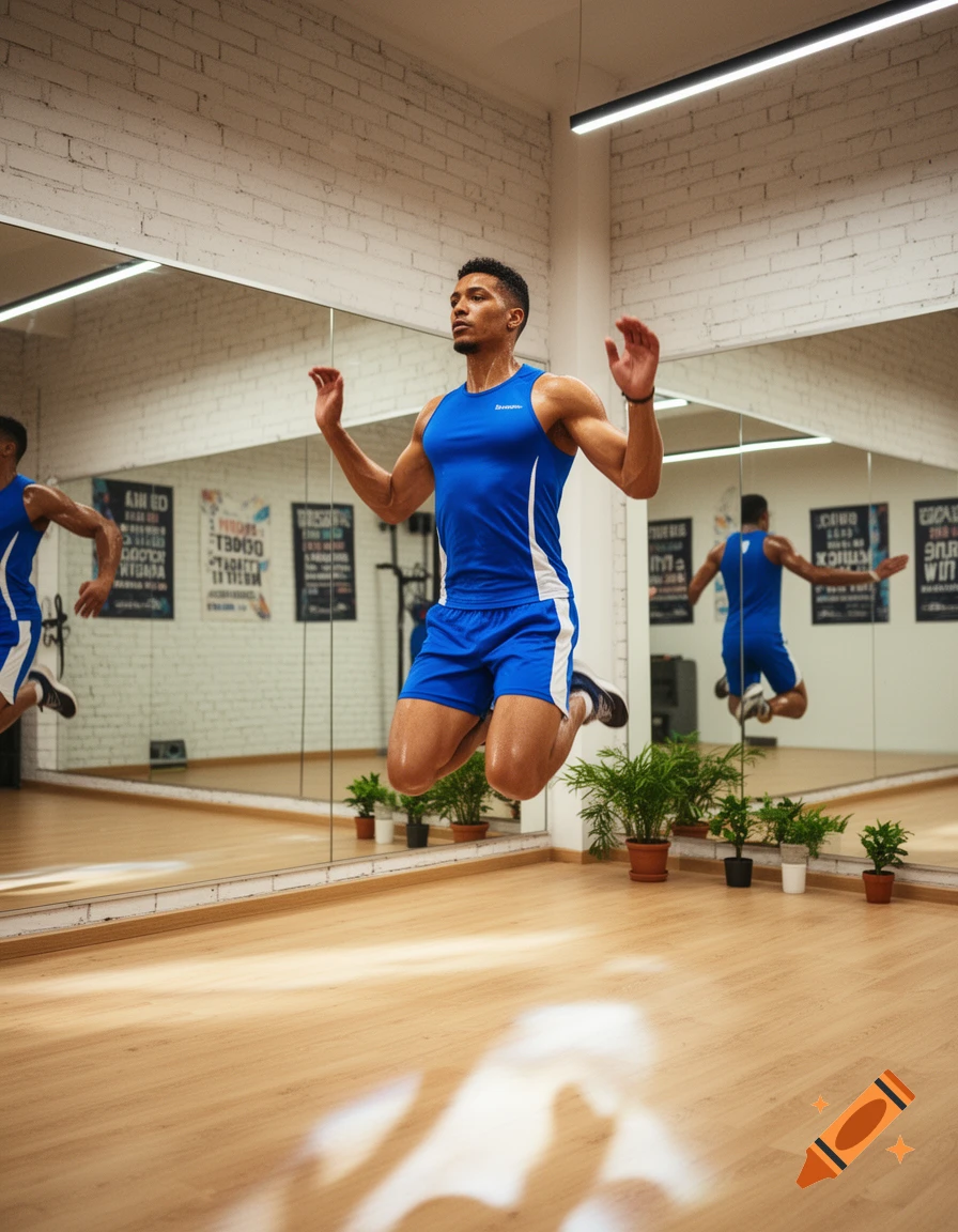 A male fitness instructor in a blue tank top and shorts performs a jumping jack in a studio with mirrors.