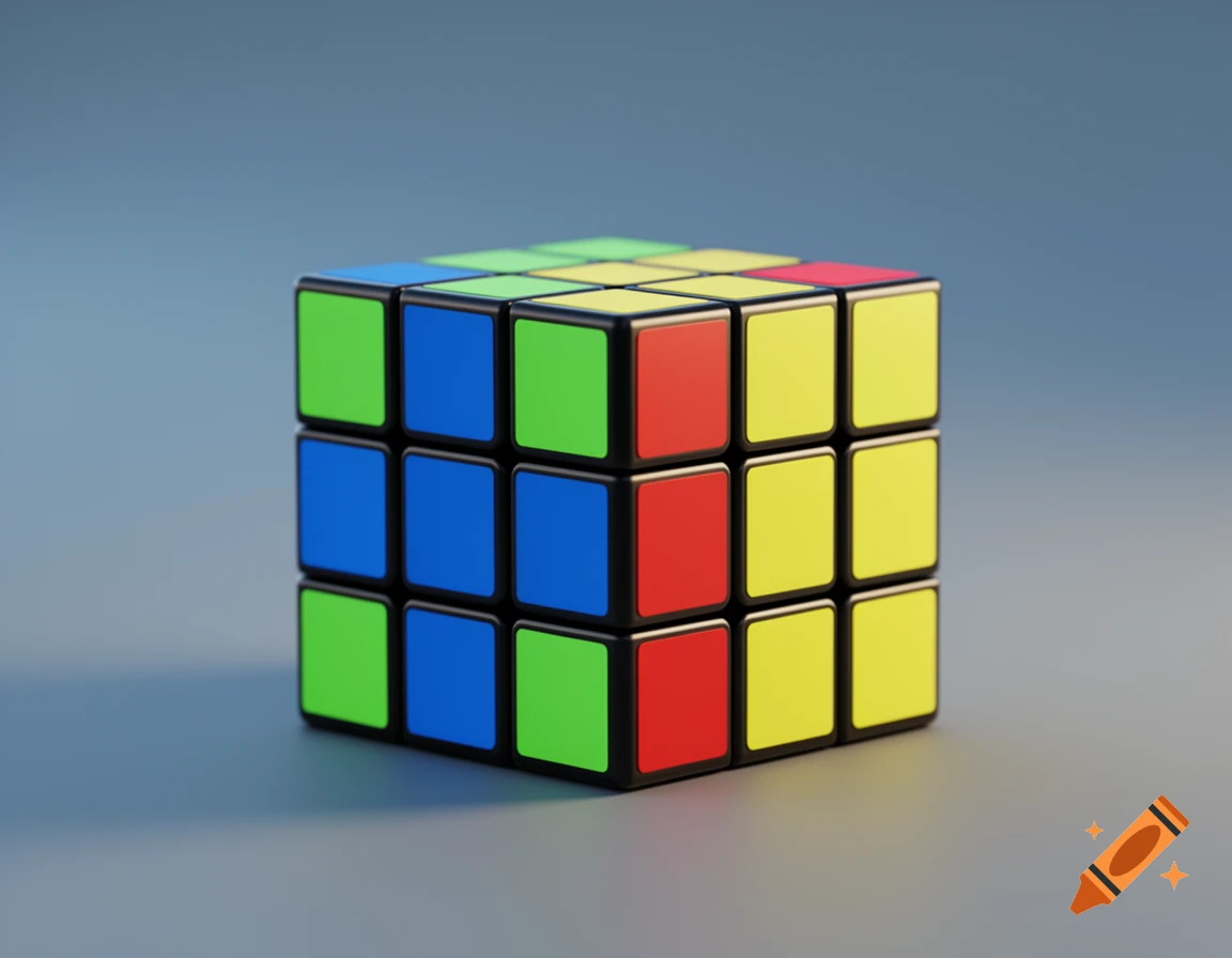 A photorealistic Rubik's Cube with visible green, blue, red, and yellow sides on a smooth grey surface.