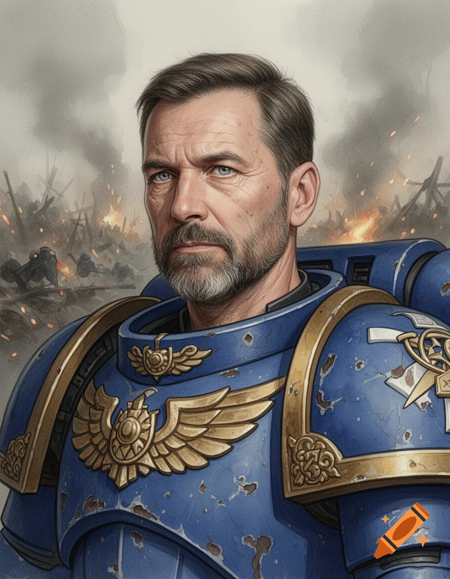 Realistic watercolor portrait of a bearded Space Marine captain in battle-scarred blue armor, with a smoky battlefield background.