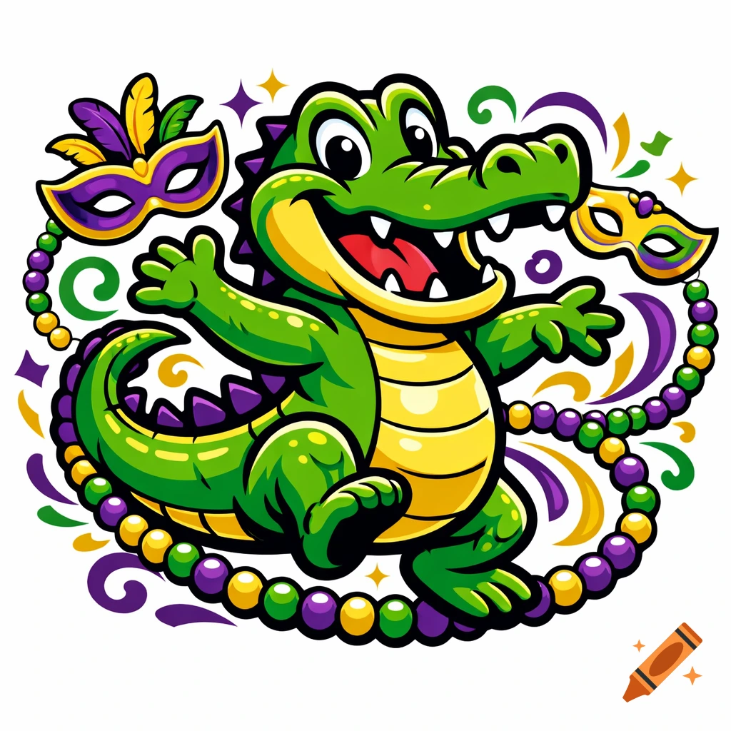 A cheerful cartoon alligator, depicted as a logo, surrounded by Mardi Gras masks and colorful beads in green, purple, and gold.