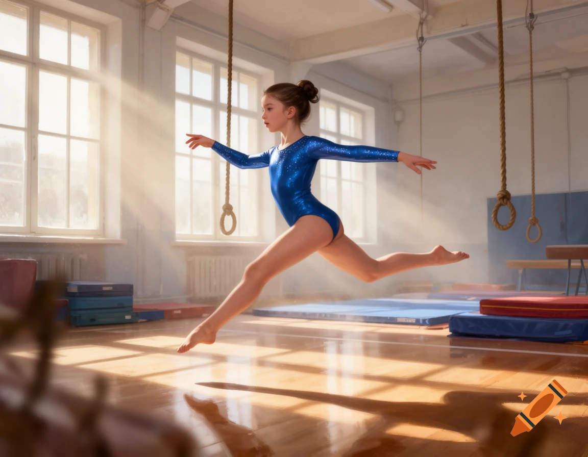 Photorealistic image of a young gymnast in a sparkly blue leotard leaping in a sunlit gym with ropes and mats in the background.