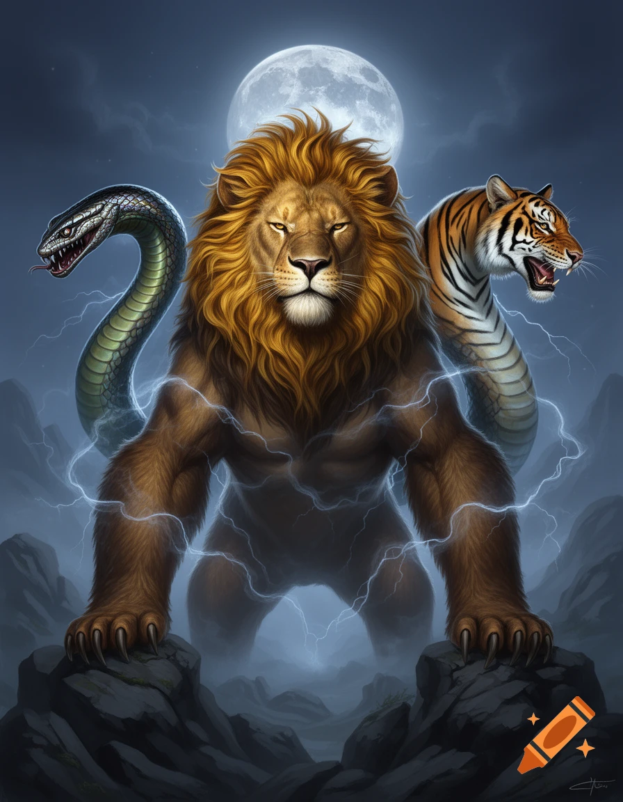 A powerful mythological hybrid monster stands under a full moon, with the body of a muscular bear, a lion head, a snake emerging from its left, and a tiger from its right, surrounded by electricity.