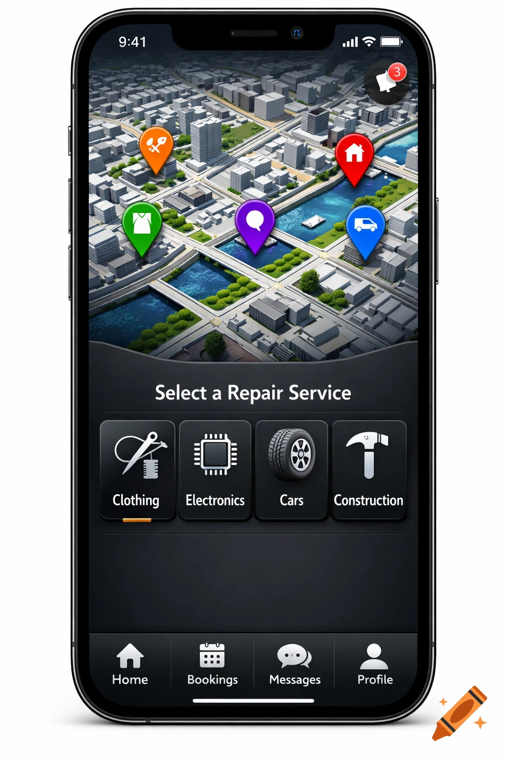 A smartphone screen showing a mobile app with a GPS map of a city and repair service options like clothing, electronics, cars, and construction.