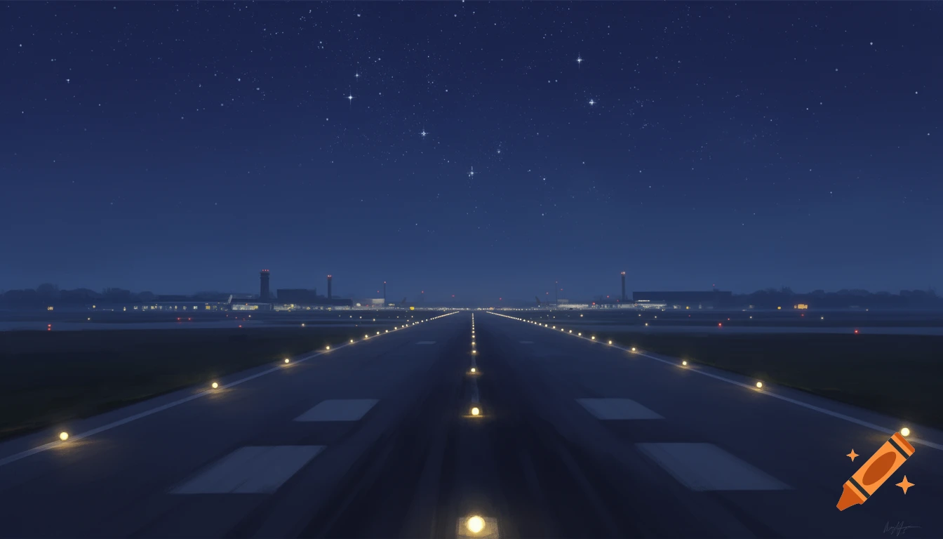 An illuminated airport runway extends into the distance at night, under a dark blue starry sky with distant airport buildings.