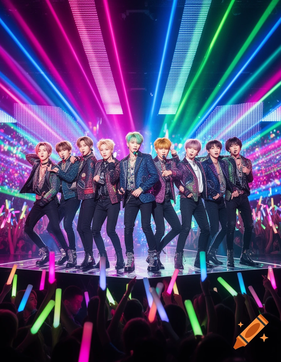 A K-pop group of male singers performs on a brightly lit stage with colorful neon lights in front of a cheering crowd holding light sticks.
