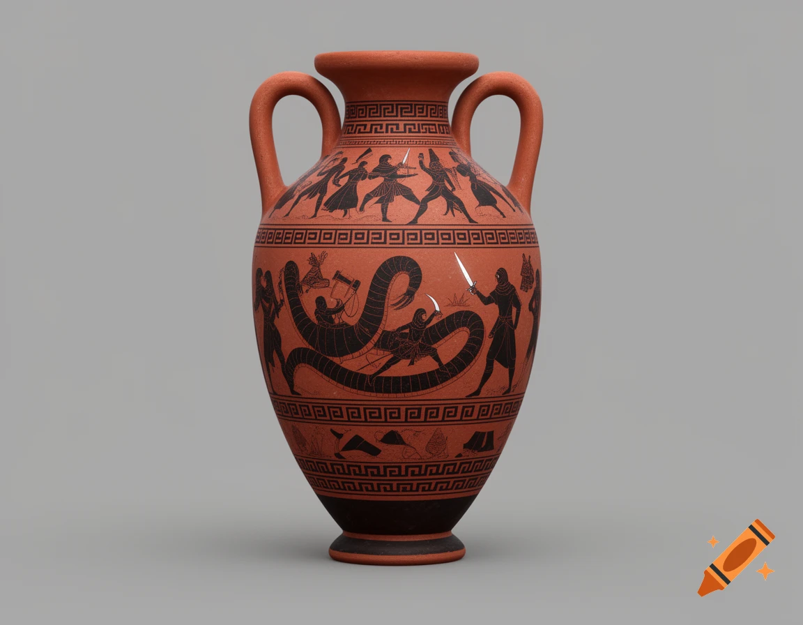 Ancient Greek black-figure amphora depicting stylized scenes of Fremen warriors riding sandworms and Paul Atreides fighting.