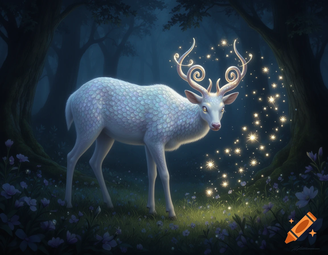 A white fantasy deer with iridescent scales and glowing spiral antlers stands in a magical forest with sparkling lights.