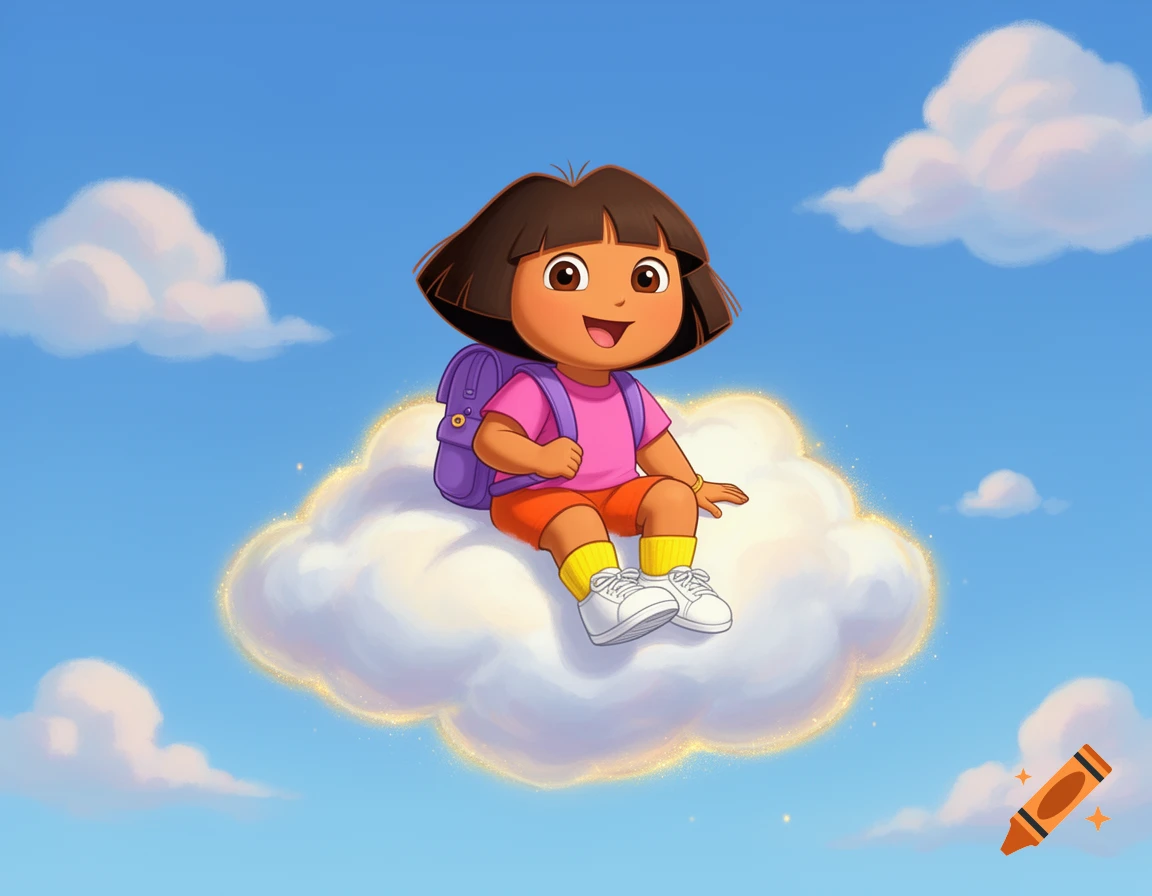 Cartoon of Dora the Explorer with a purple backpack, sitting on a shimmering white cloud in a bright blue sky.