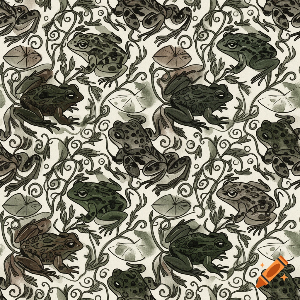 A seamless linocut pattern featuring green and brown frogs among lily pads and swirling vines on a light background.