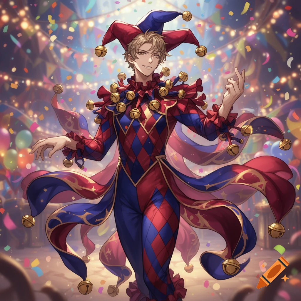 Anime man in a detailed red and blue jester costume with bells, smiling in a festive, confetti-filled setting.