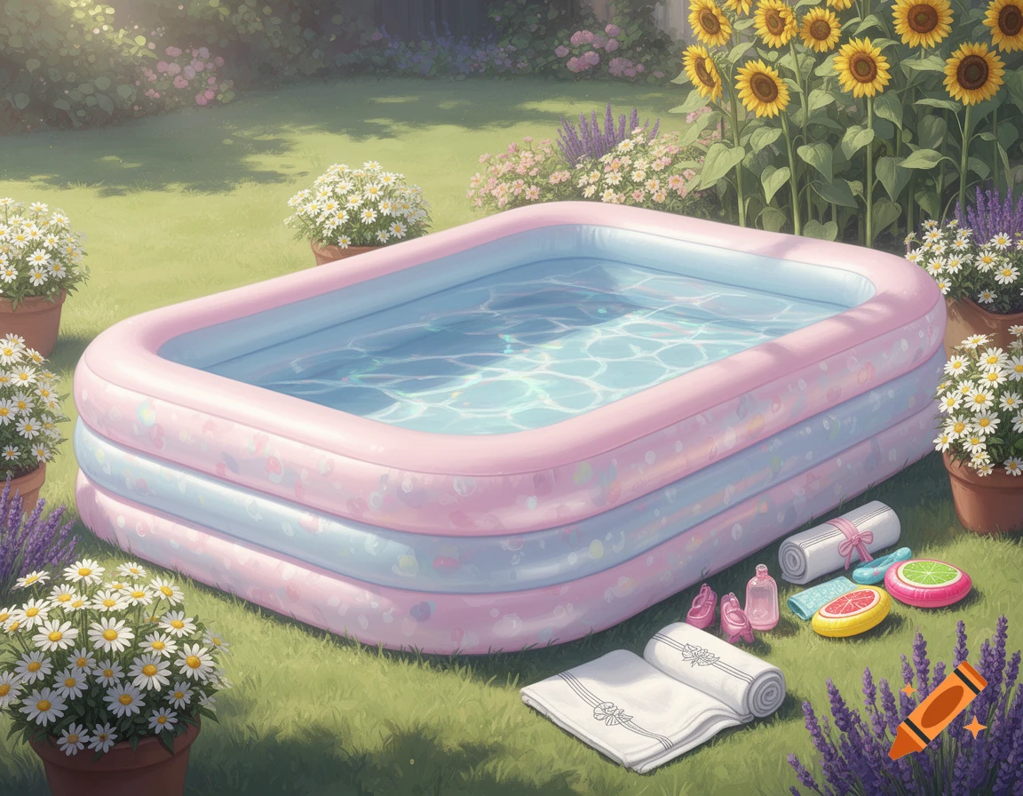 A pink and blue inflatable pool in a sunny garden surrounded by potted daisies, sunflowers, and lavender, with towels and pool accessories on the grass.