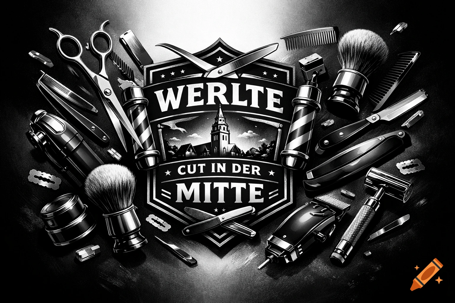 Black and white illustration of a barbershop logo with text "WERLTE CUT IN DER MITTE", surrounded by various barber tools.