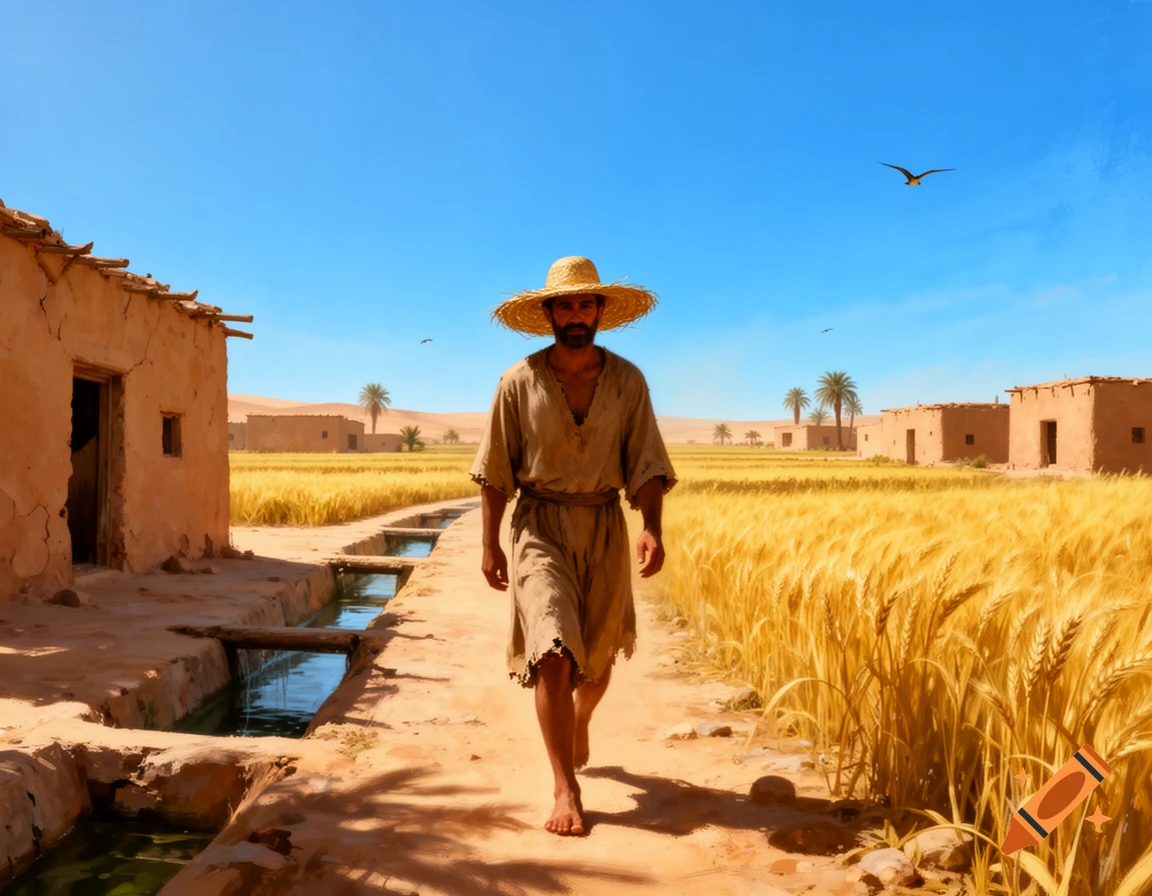 A barefoot man in a straw hat walks on a dirt path past water channels and golden wheat fields, with mud-brick houses under a clear blue sky.