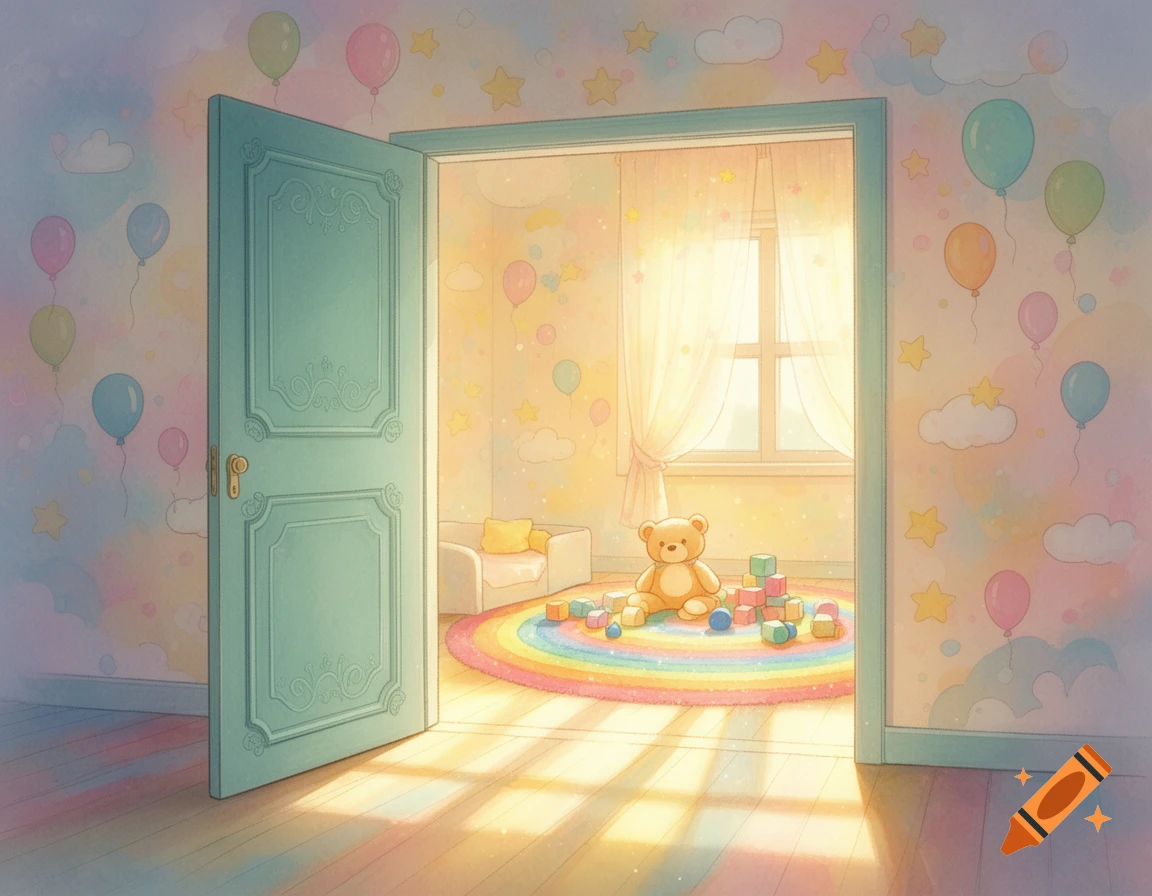 A watercolor illustration of a brightly lit children's room with an open teal door, a teddy bear, and colorful blocks on a rainbow rug.