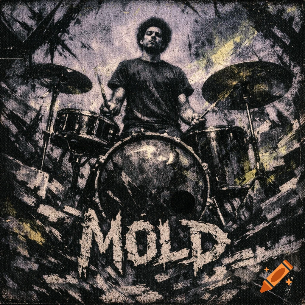 Stylized, gritty album cover art of a male drummer with an afro, behind a drum kit, with the title 'MOLD' below, against an abstract, dark background.