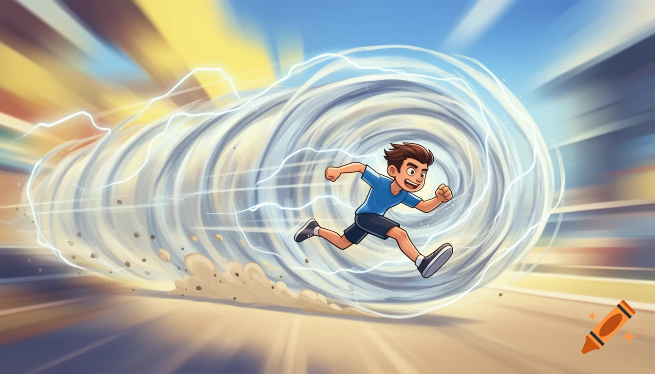 A cartoon boy in a blue shirt and dark shorts runs fast from left to right, surrounded by a swirling motion blur effect.