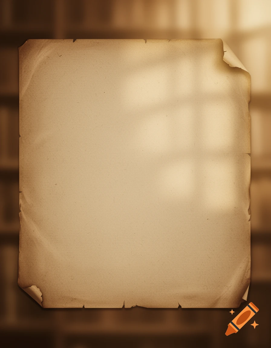 A blank, aged, slightly curled piece of parchment paper with ripped edges, lit by a window pattern shadow.