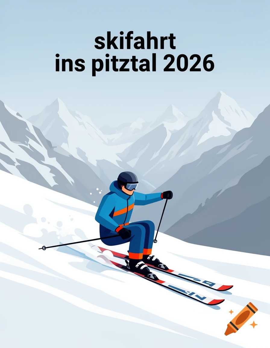 A flat illustration of a skier in a blue and orange suit skiing down a snowy mountain slope under the text "skifahrt ins pitztal 2026".