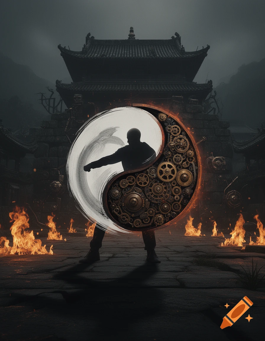 Silhouette of a martial artist holding a brushstroke and steampunk gear yin-yang symbol in front of a dark temple with flames.